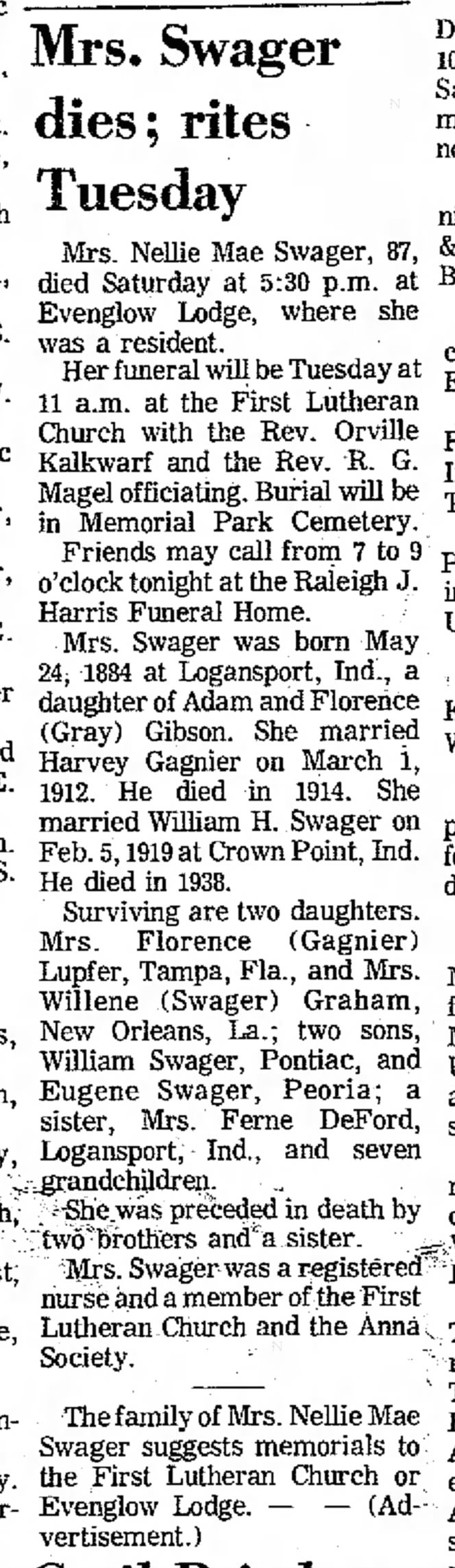 Nellie Mae Gibson Swager obituary