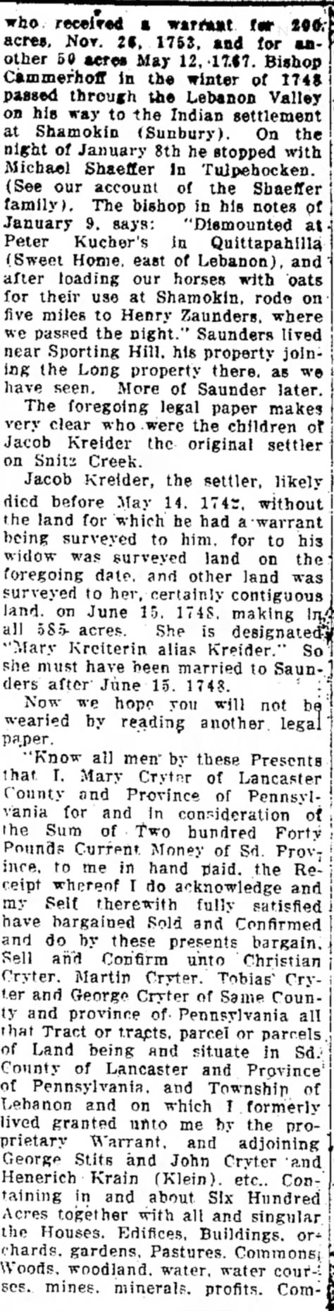 The History of the Kreider Family:  22 May 1919; colume 6