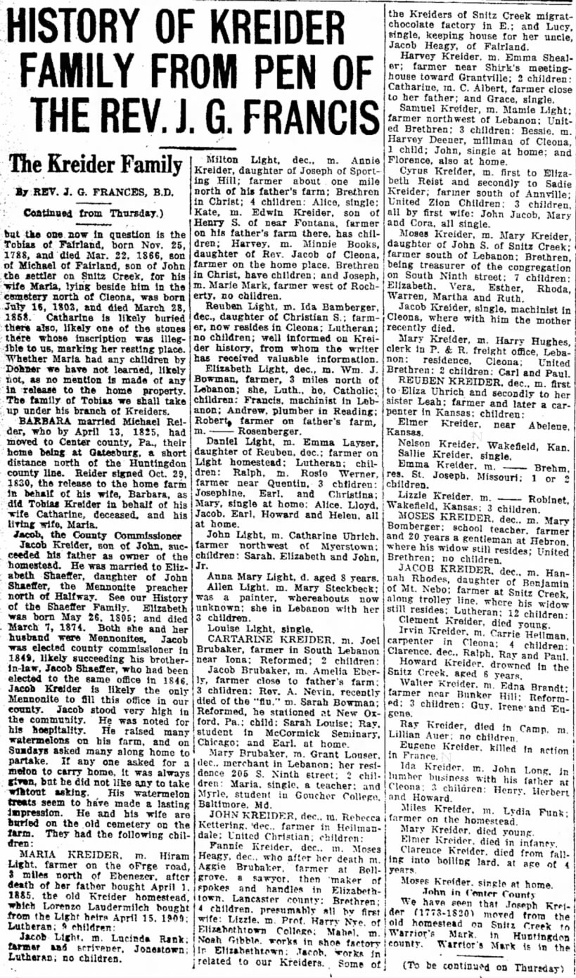 Kreider Family History:  2 Jun 1919