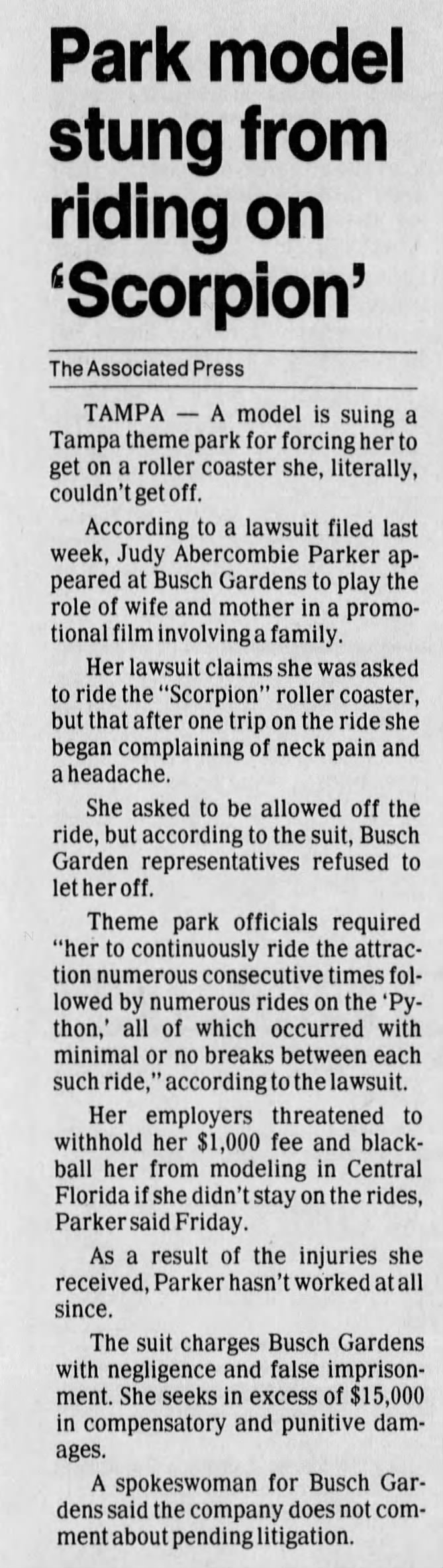Lawsuit against Busch Gardens Tampa involving the roller coaster Scorpion.