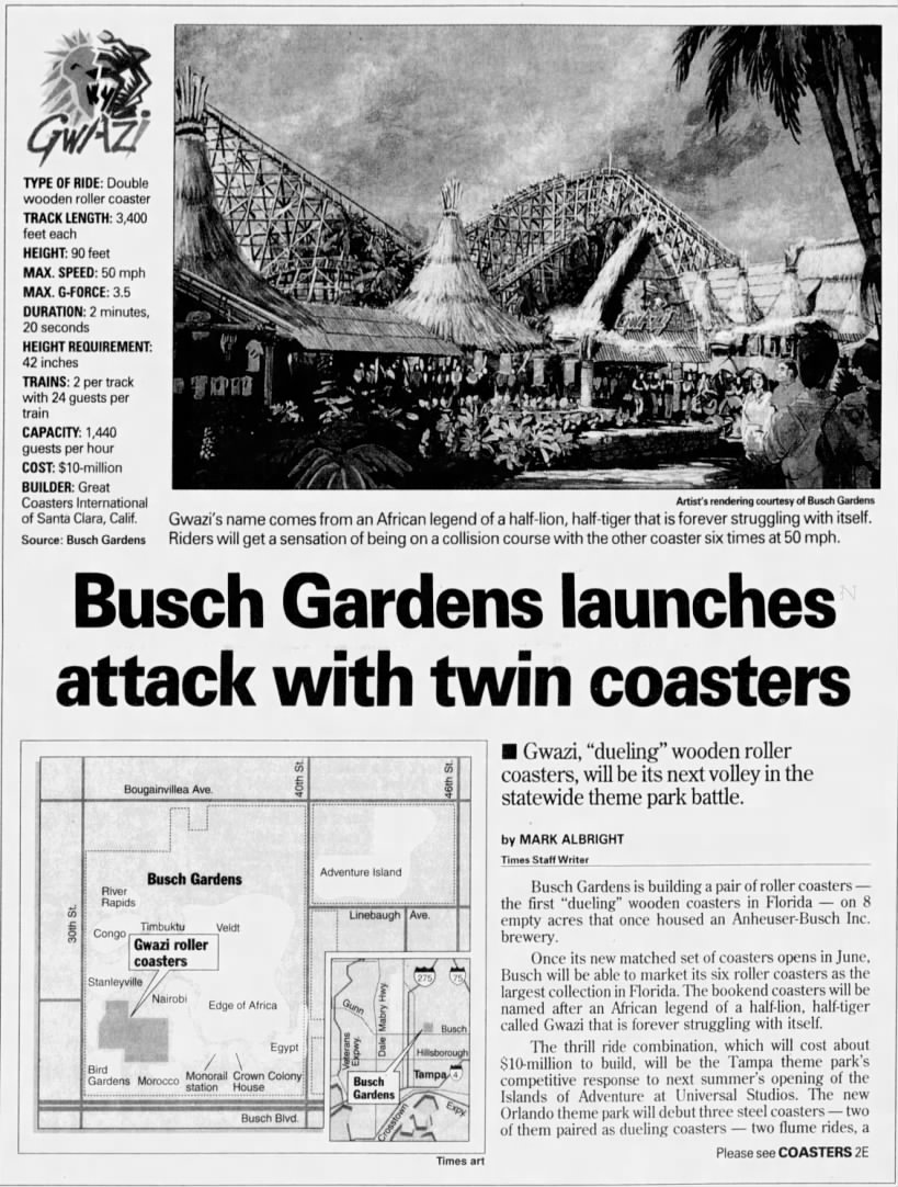 Details about a new roller coaster at Busch Gardens Tampa Bay, 1998.