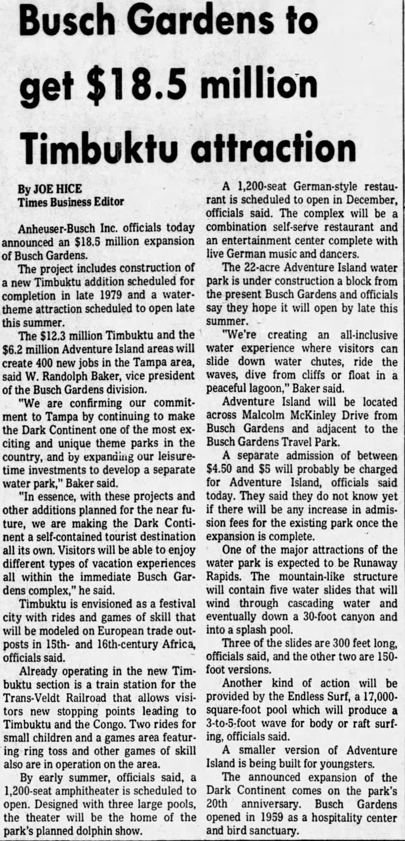 Busch Gardens, Tampa announce $18.5 million dollar expansion in 1979.