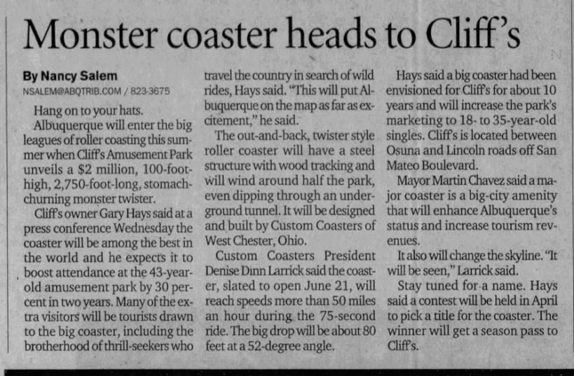 Monster coaster heads to Cliff's
