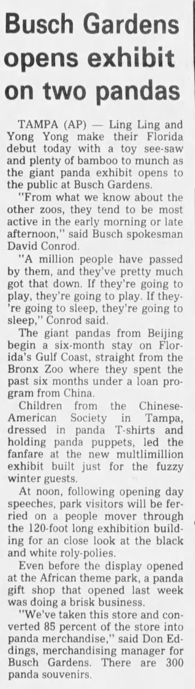 Busch Gardens pandas exhibit open, 1987.