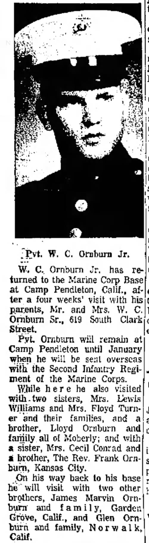 Bill Ornburn home on leave visiting W.C. Ornburn 619 South Clark