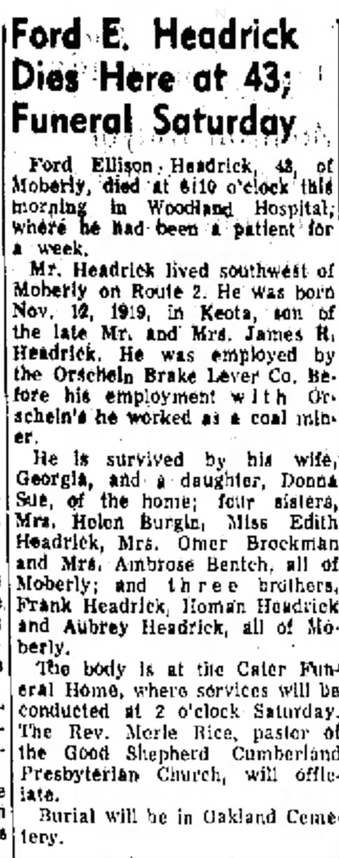 Ford Headrick Dies at 43 26 Sep 1963