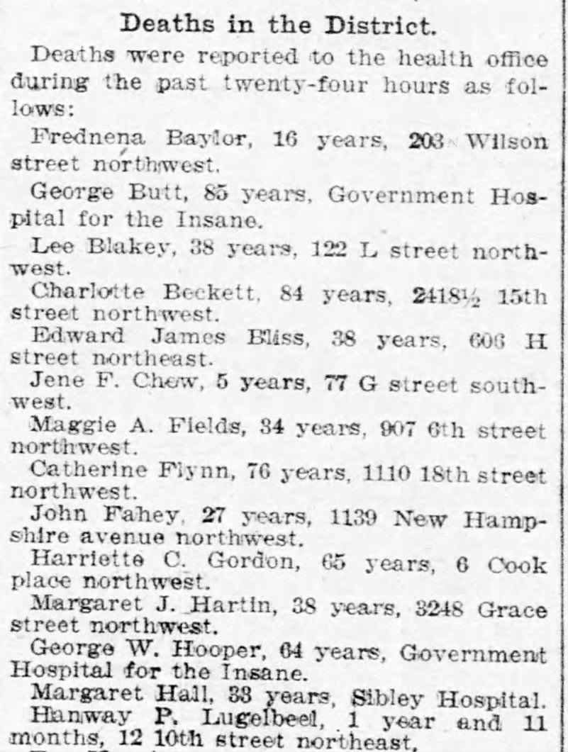George W Hooper death in DC 1906