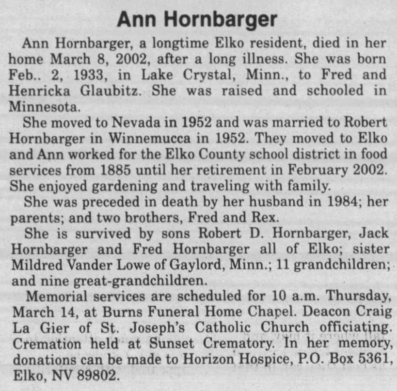 Obituary for Ann Hornbarger, 1933-2002