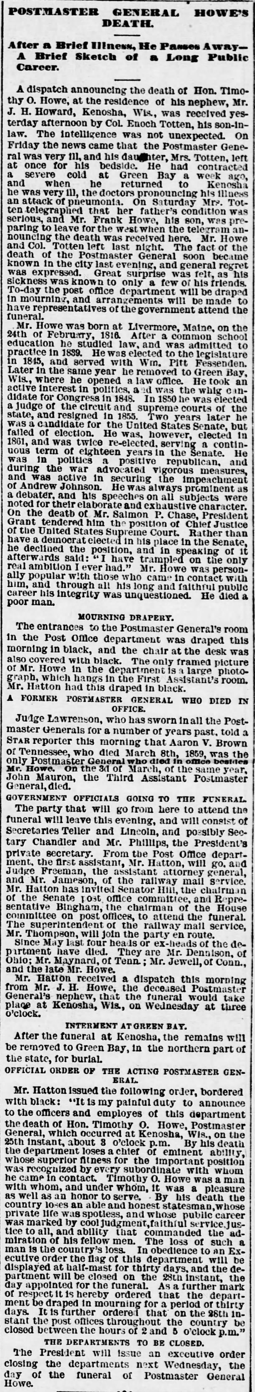 Postmaster General Howe's Death