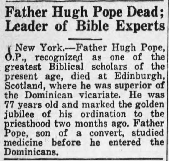 Father Hugh Pope Dead; Leader of Bible Experts