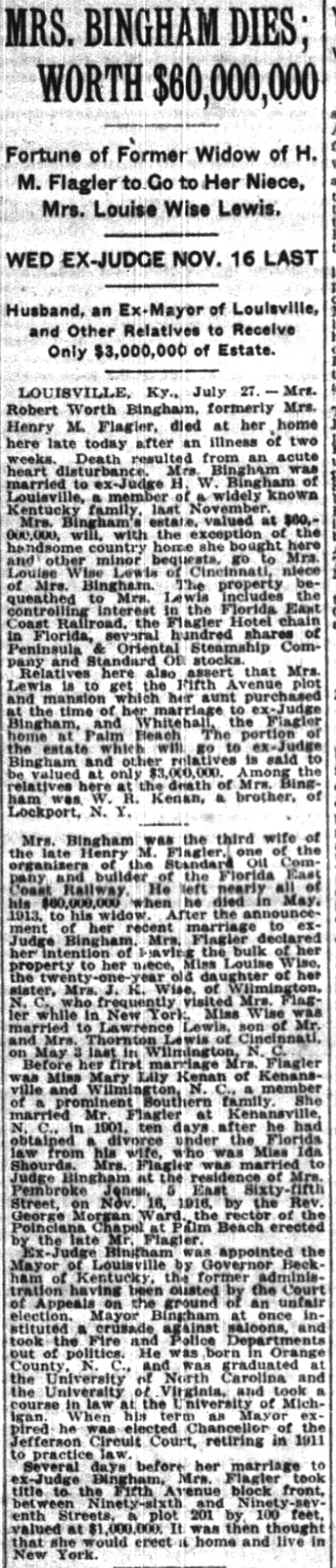 Mrs. Bingham Dies; Worth $60,000,000