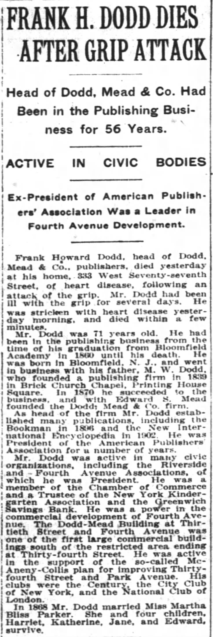 Frank H. Dodd Dies After Grip Attack