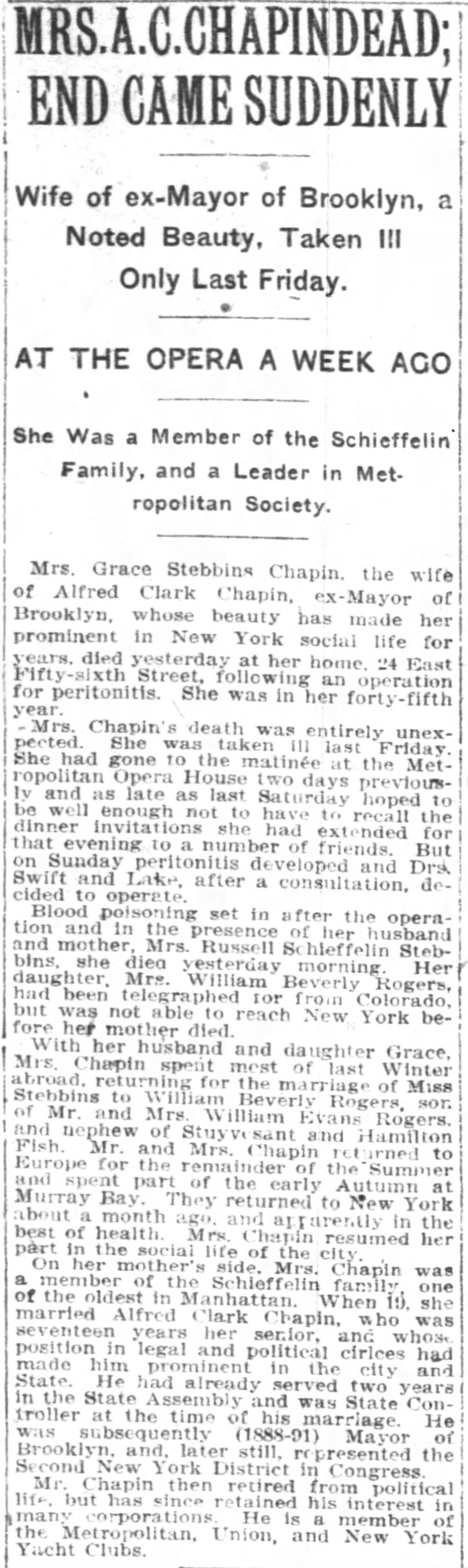 Mrs. A. C. Chapin Dead; End Came Suddenly