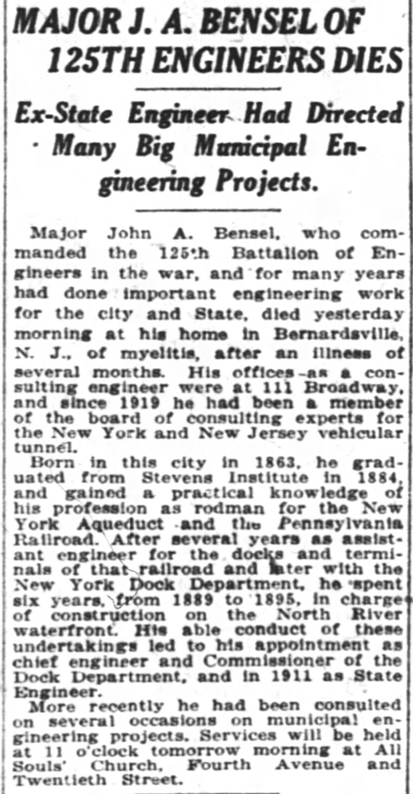 Major J. A. Bensel Of 125th Engineers Dies