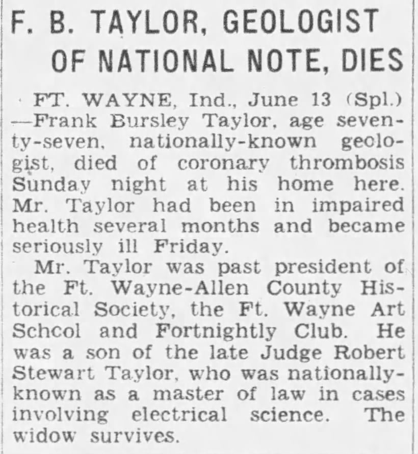 F. B. Taylor, Geologist of National Note, Dies