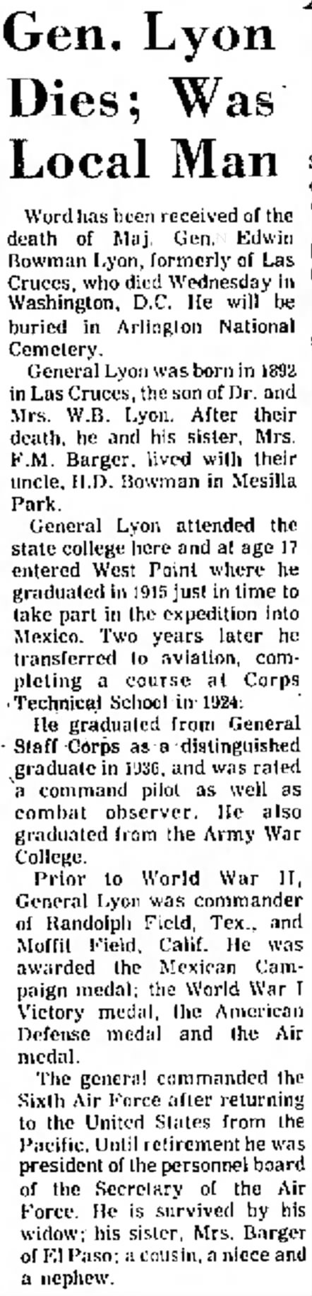 Gen. Lyon Dies; Was Local Man