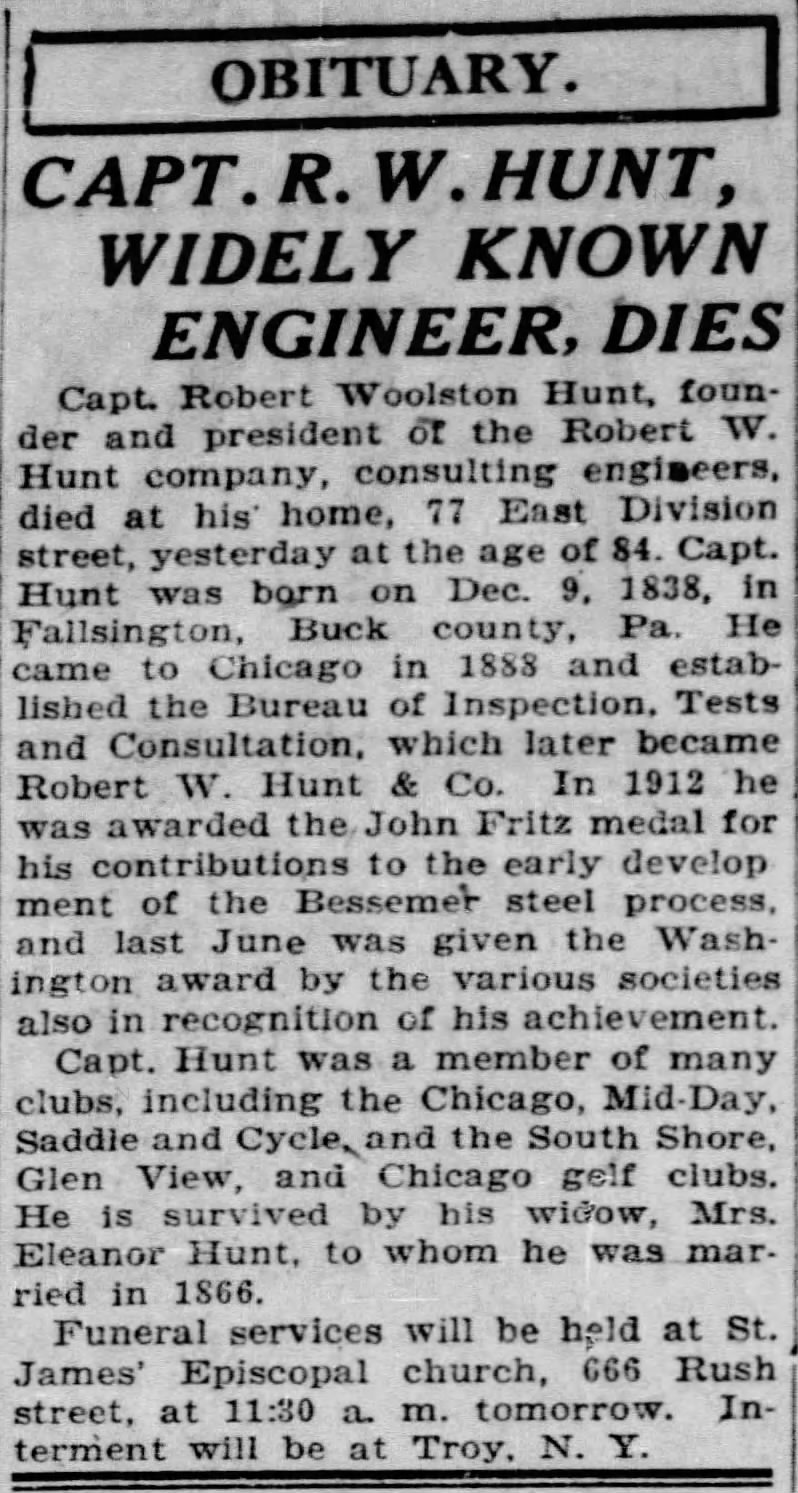Capt. R. W. Hunt, Widely Known Engineer, Dies