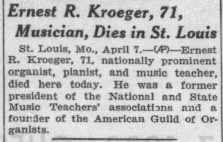 Ernest R. Kroeger, 71, Musician, Dies in St. Louis