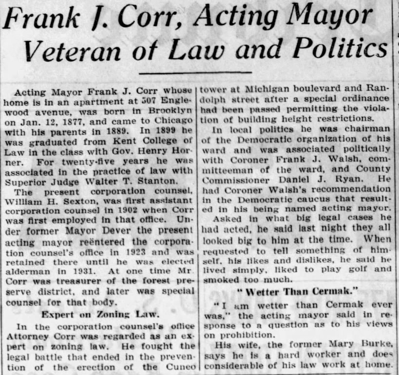 Frank J. Corr, Acting Mayor Veteran of Law and Politics