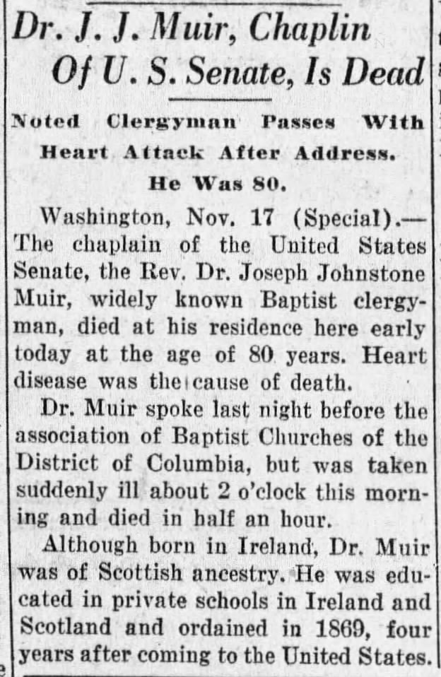 Dr. J. J. Muir, Chaplin Of U.S. Senate, Is Dead