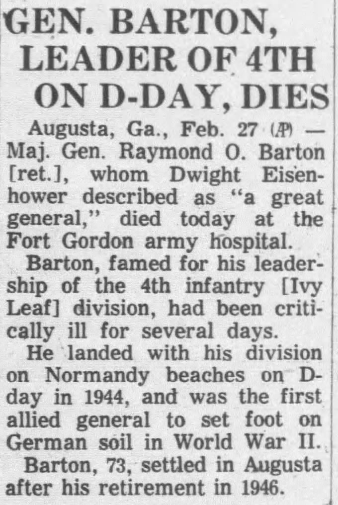 Gen. Barton, Leader of 4th on D-Day, Dies