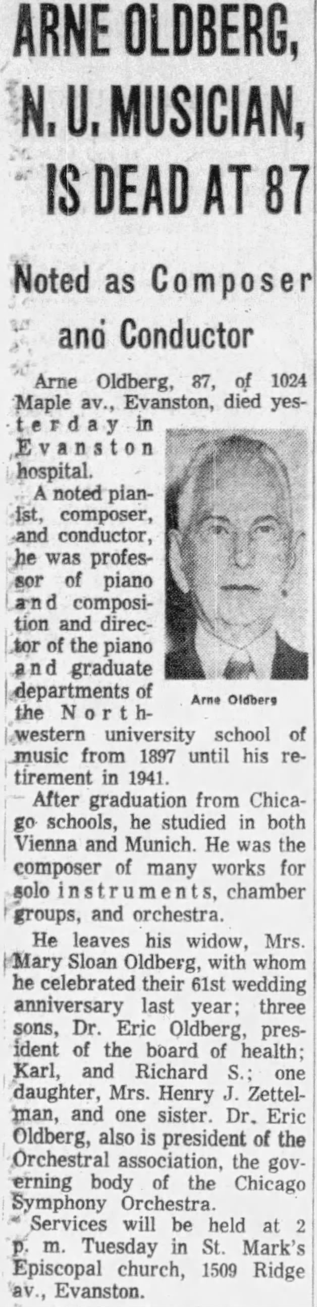 Arne Oldberg, N.U. Musician, is Dead at 87
