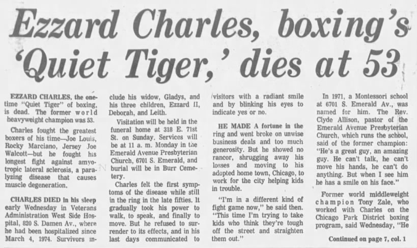 Ezzard Charles, boxing's 'Quiet Tiger,' dies at 53 (part 1)