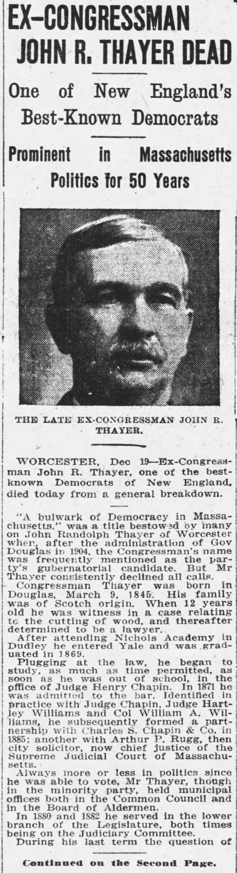 Ex-Congressman John R. Thayer Dead (part 1)