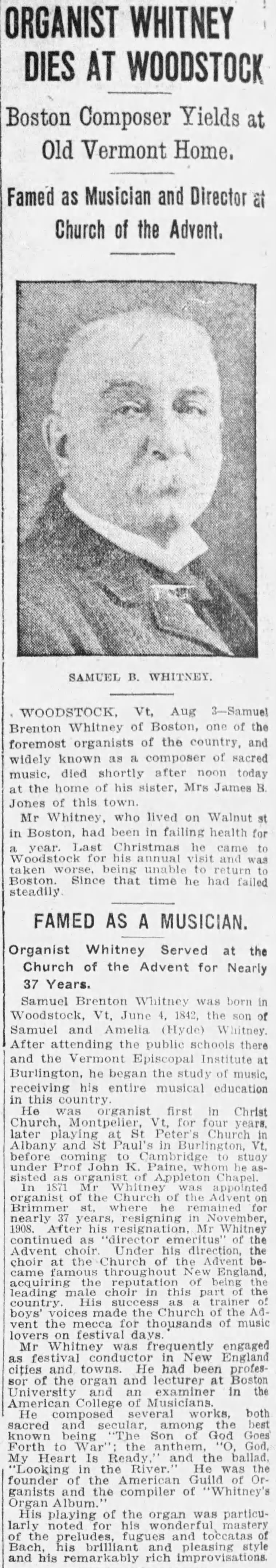 Organist Whitney Dies at Woodstock