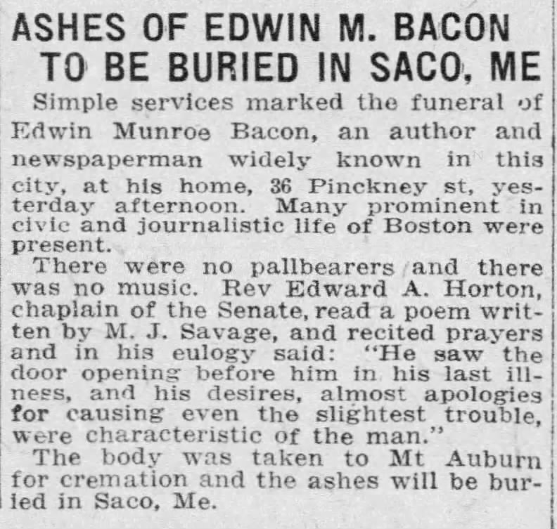 Ashes of Edwin M. Bacon to be Buried in Saco, Maine