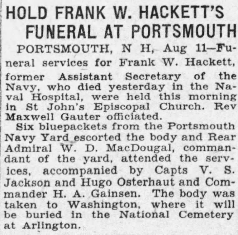 Hold Frank W. Hackett's Funeral at Portsmouth