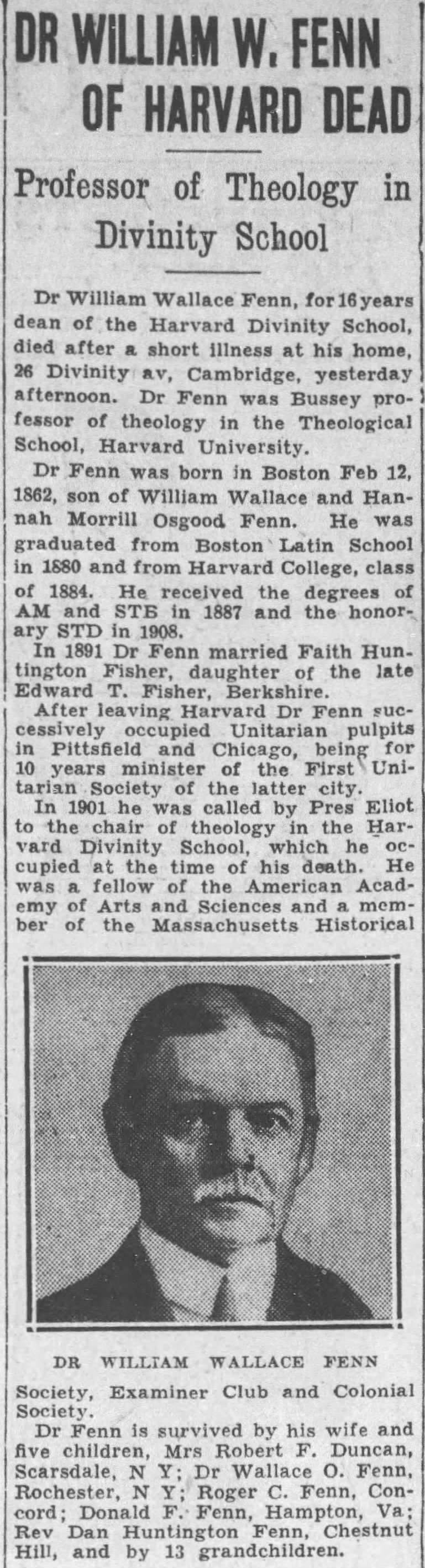 Dr William W. Fenn of Harvard Dead