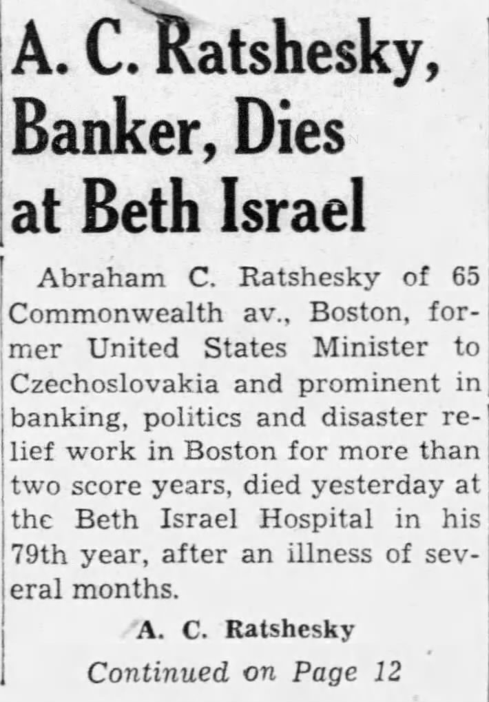 A. C. Ratshesky, Banker, Dies at Beth Israel