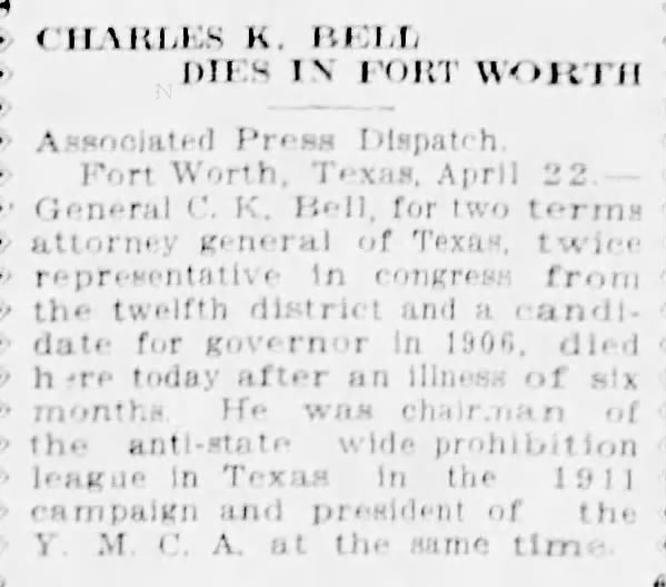 Charles K. Bell Dies in Fort Worth