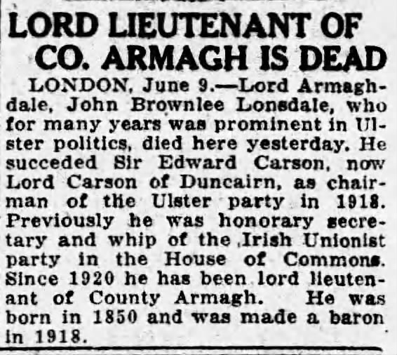 Lord Lieutenant of Co. Armagh is Dead