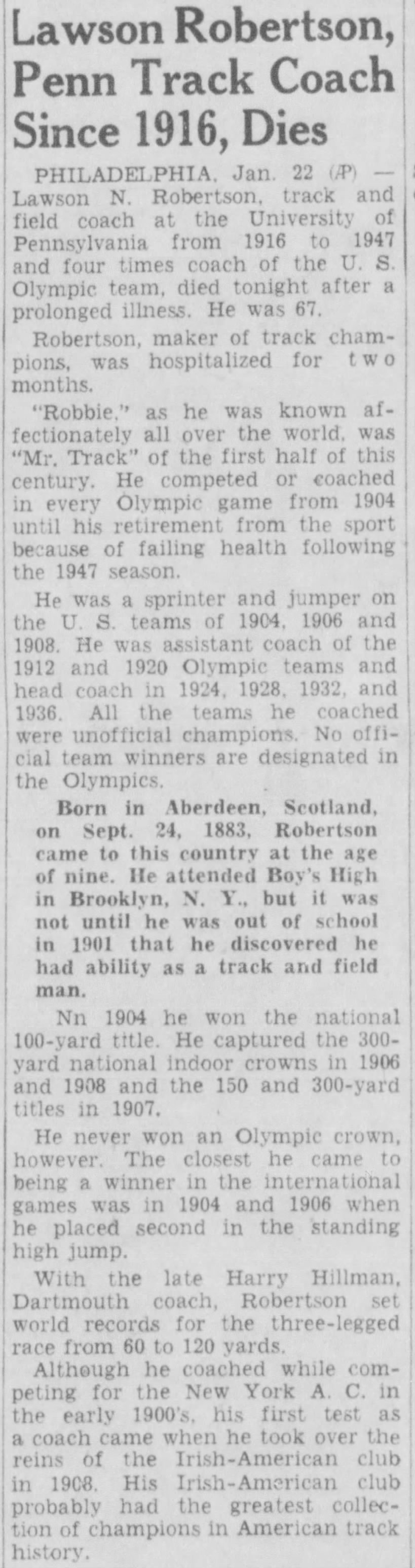 Lawson Robertson, Penn Track Coach Since 1916, Dies