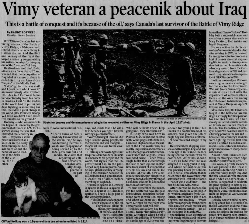 Vimy veteran a peacenik about Iraq