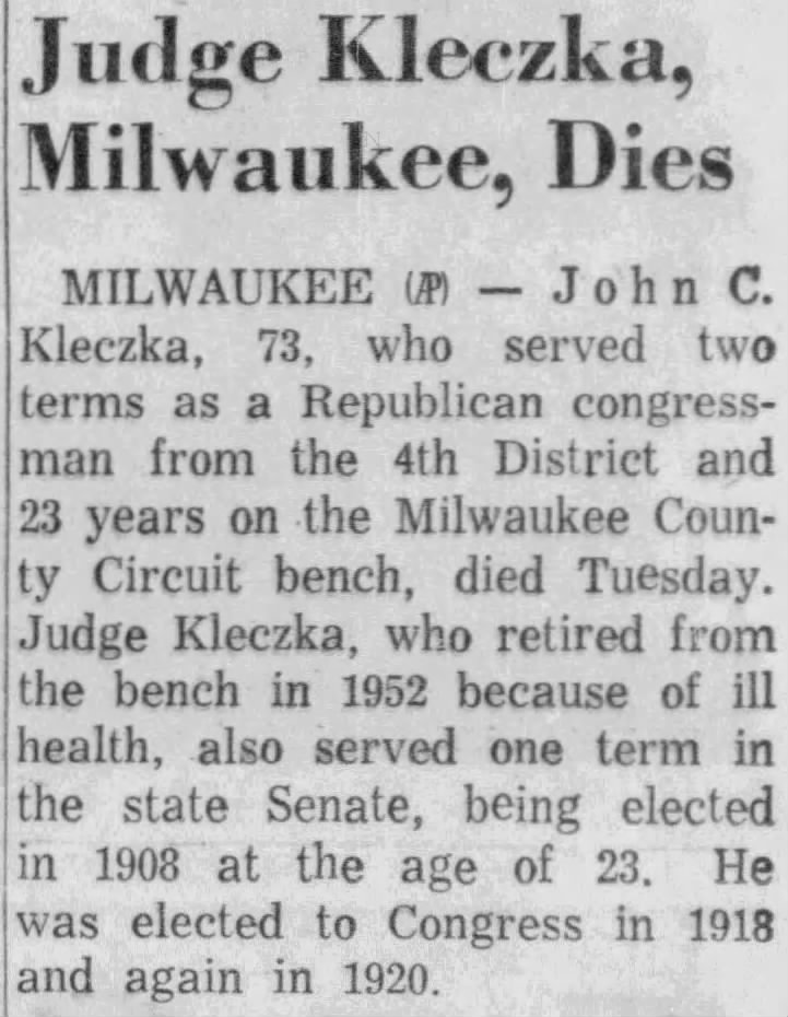 Judge Kleczka, Milwaukee, Dies