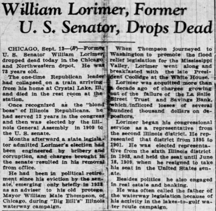 William Lorimer, Former U.S. Senator, Drops Dead