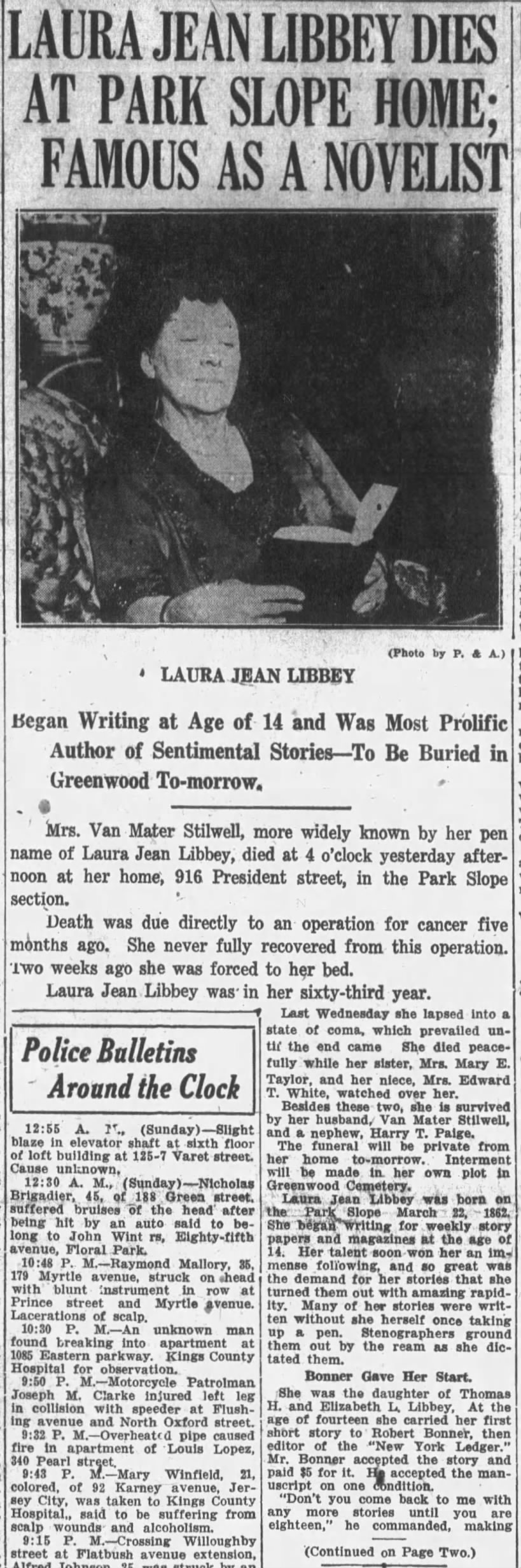 Laura Jean Libbey Dies at Park Slope Home; Famous as a Novelist (part 1)