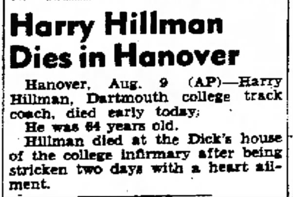 Harry Hillman Dies in Hanover