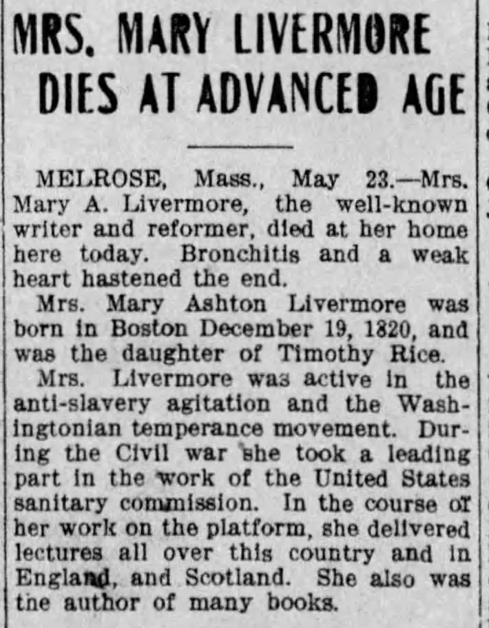 Mrs. Mary Livermore Dies at Advanced Age