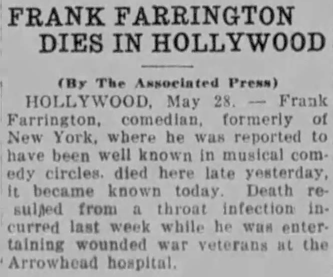 Frank Farrington Dies in Hollywood