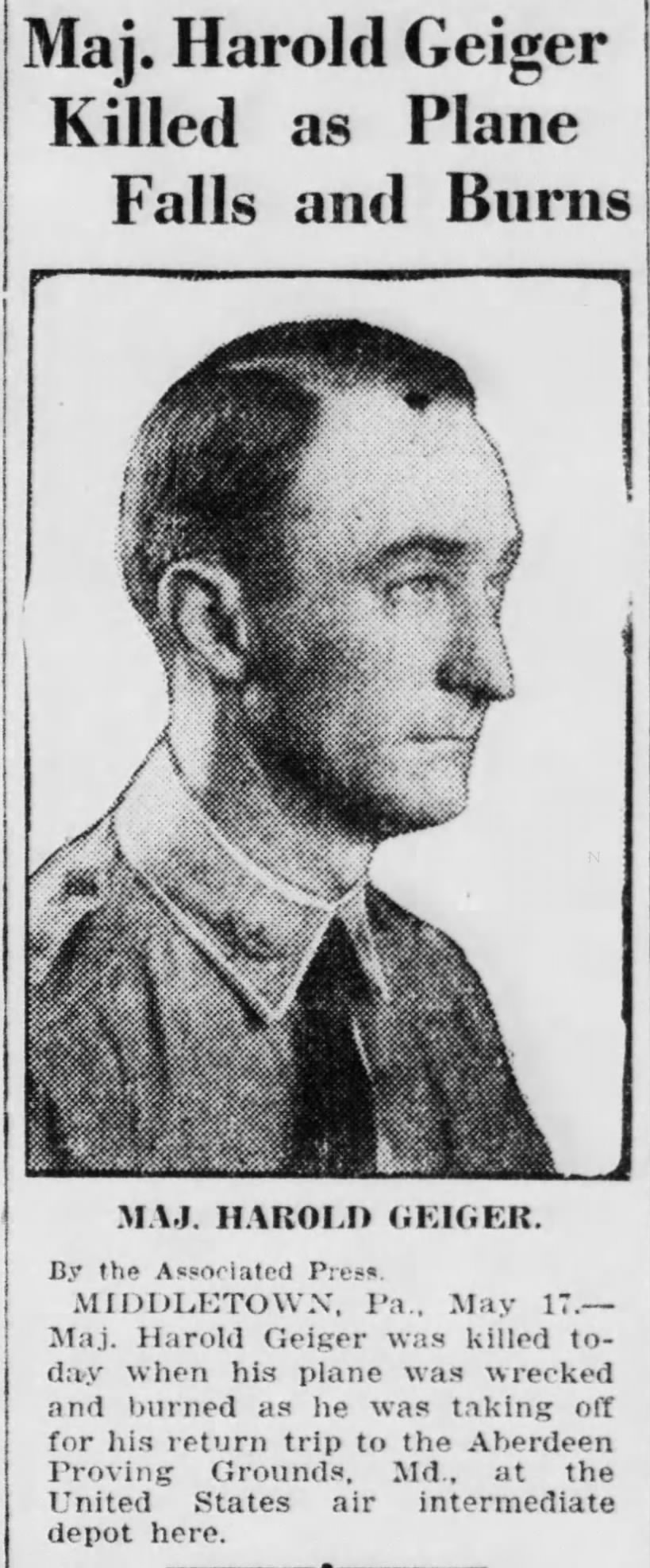Maj. Harold Geiger Killed as Plane Falls and Burns