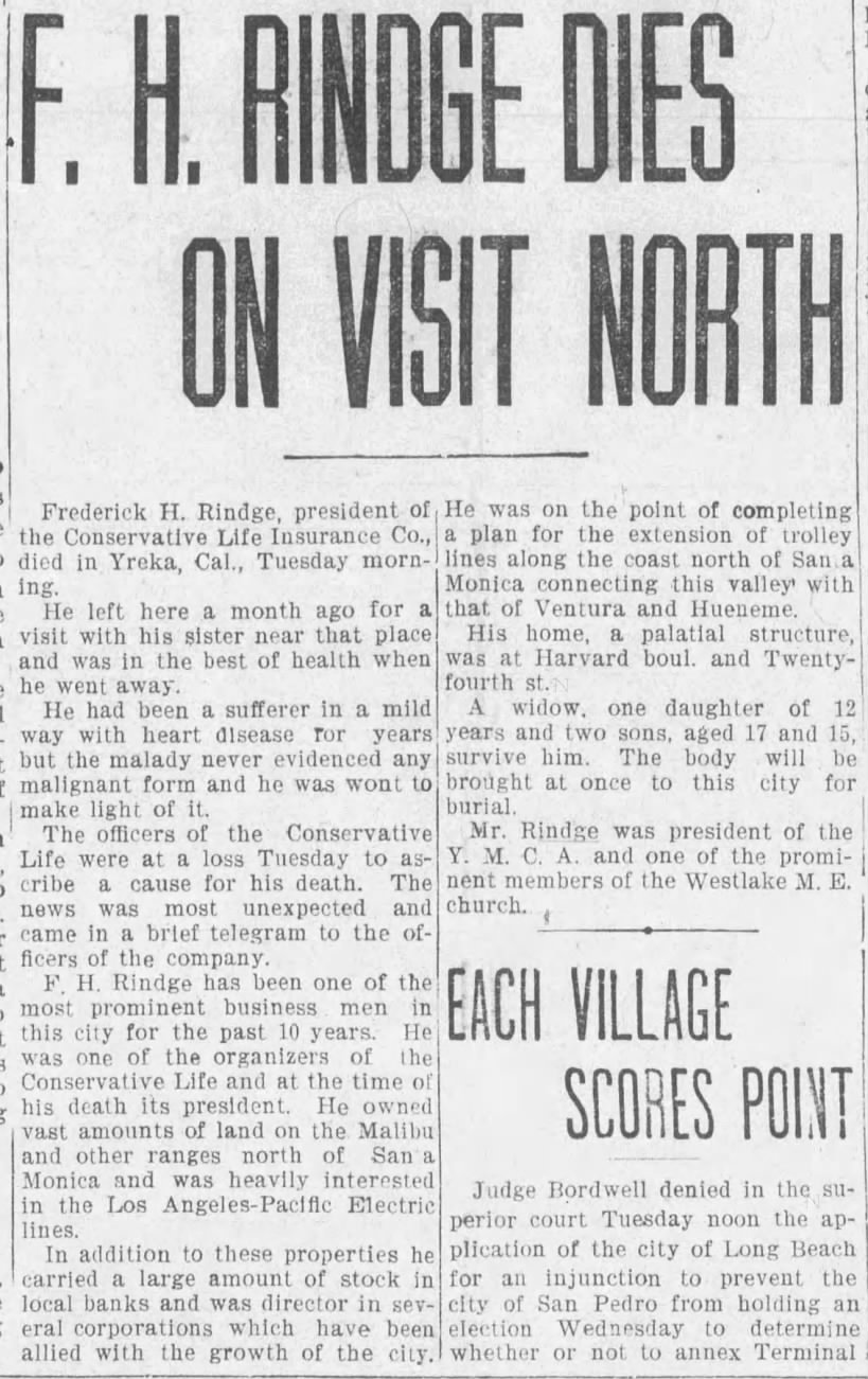 F. H. Rindge Dies on Visit North