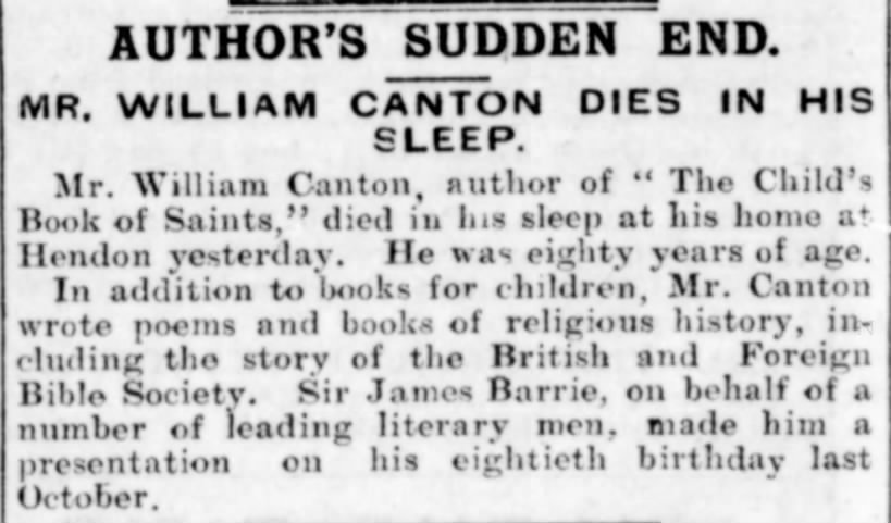 Author's Sudden End: Mr. William Canton Dies in His Sleep