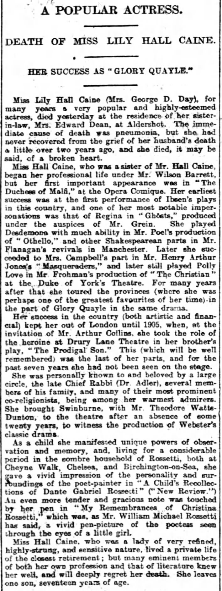 A Popular Actress: Death of Miss Lily Hall Caine