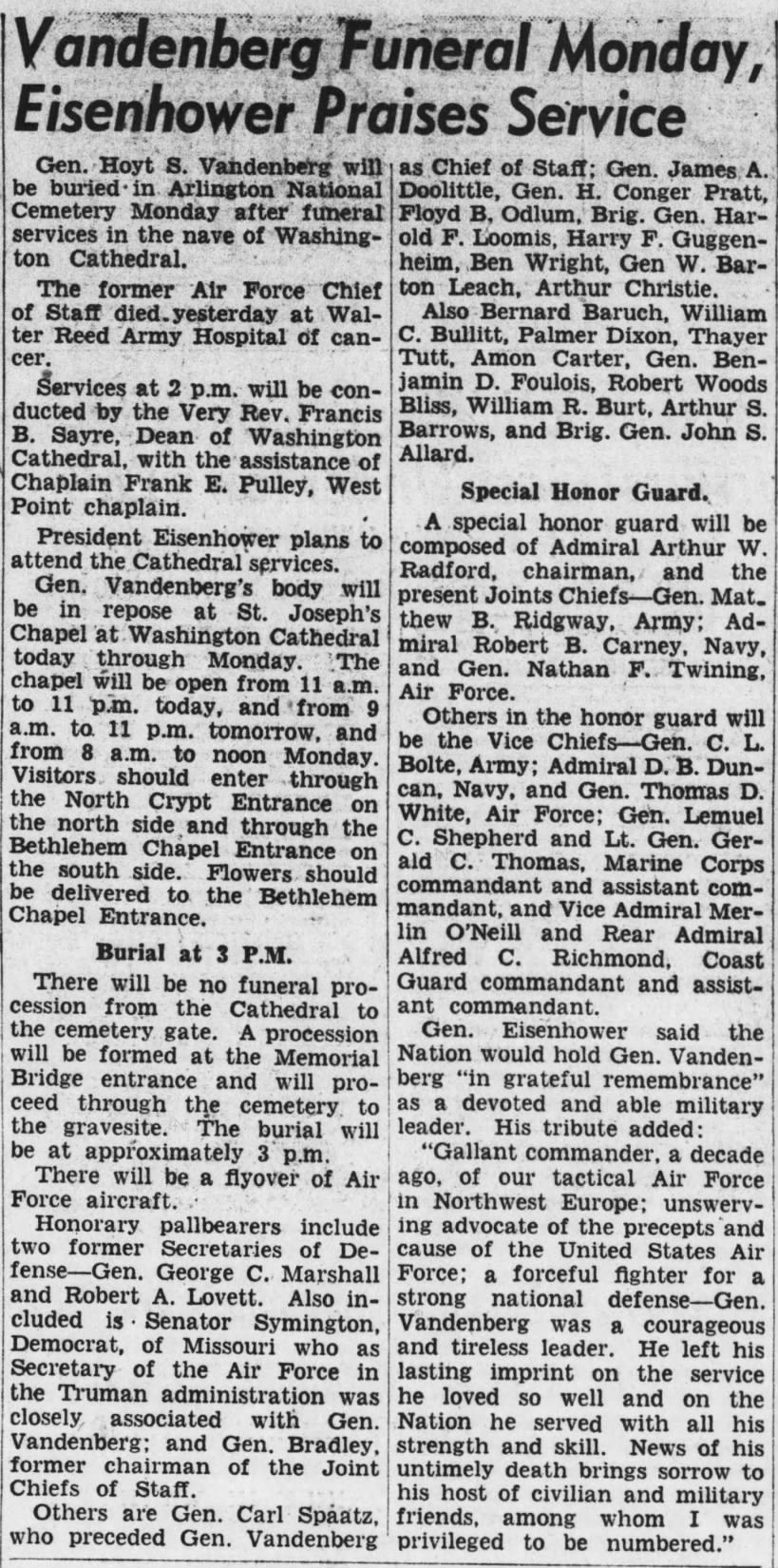 Vandenberg Funeral Monday, Eisenhower Praises Service