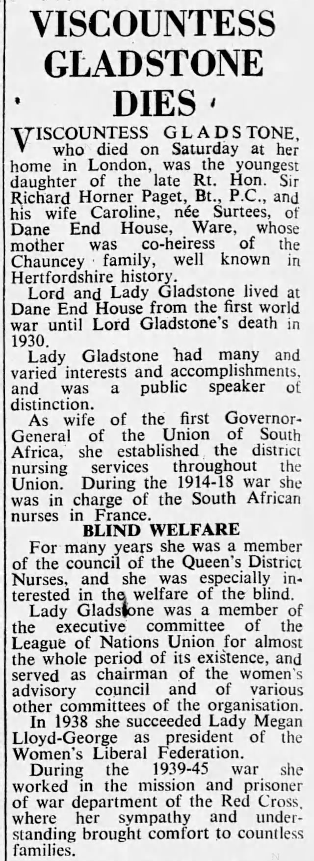 Viscountess Gladstone Dies