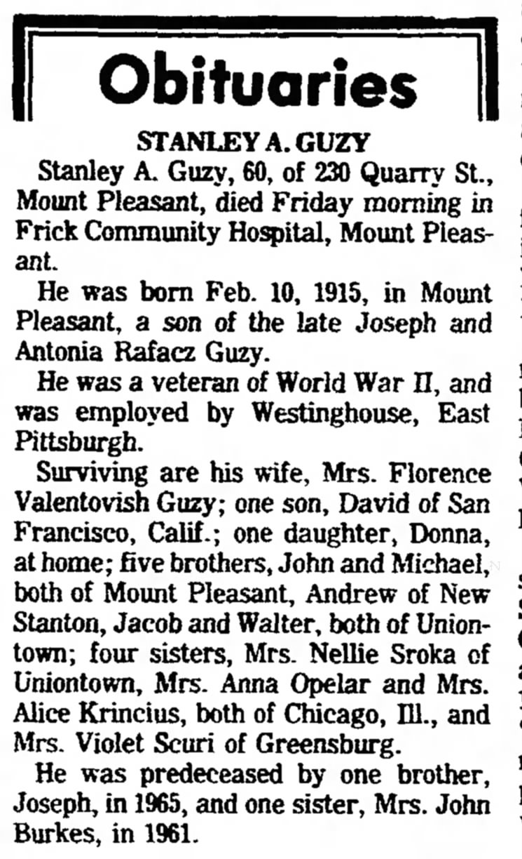 Stanley Guzy obit, Alice Krincius, 3-15-1969